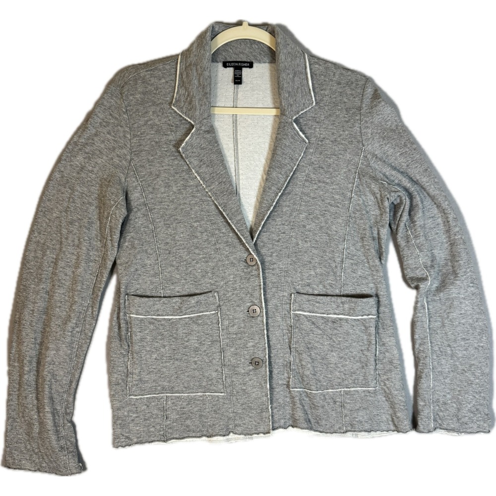 Eileen Fisher Blazer Jacket Women XS Gray Organic Cotton Raw Edge Knit Lagenlook